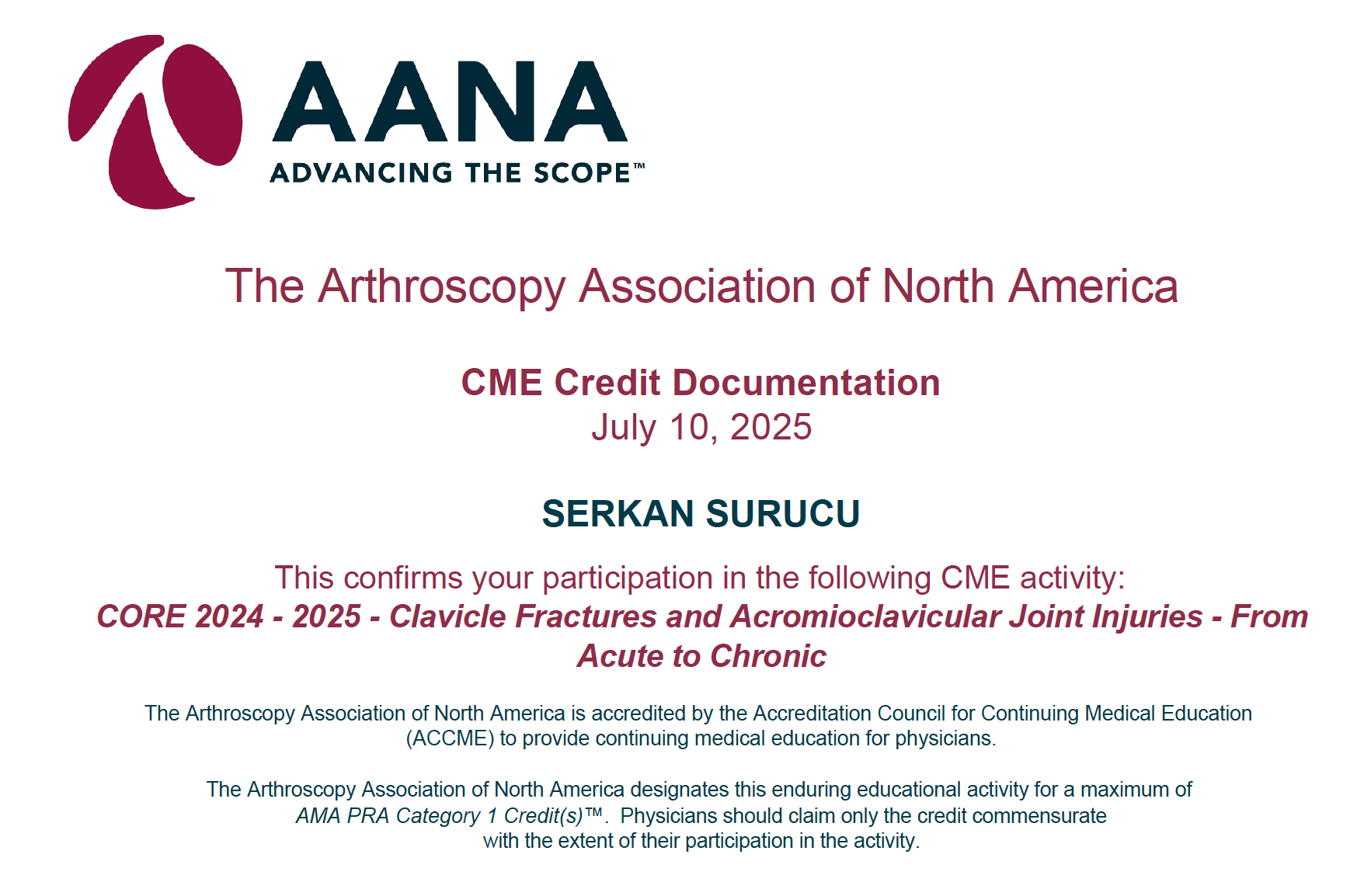 AANA AC Joint Injuries — Sertifikalar