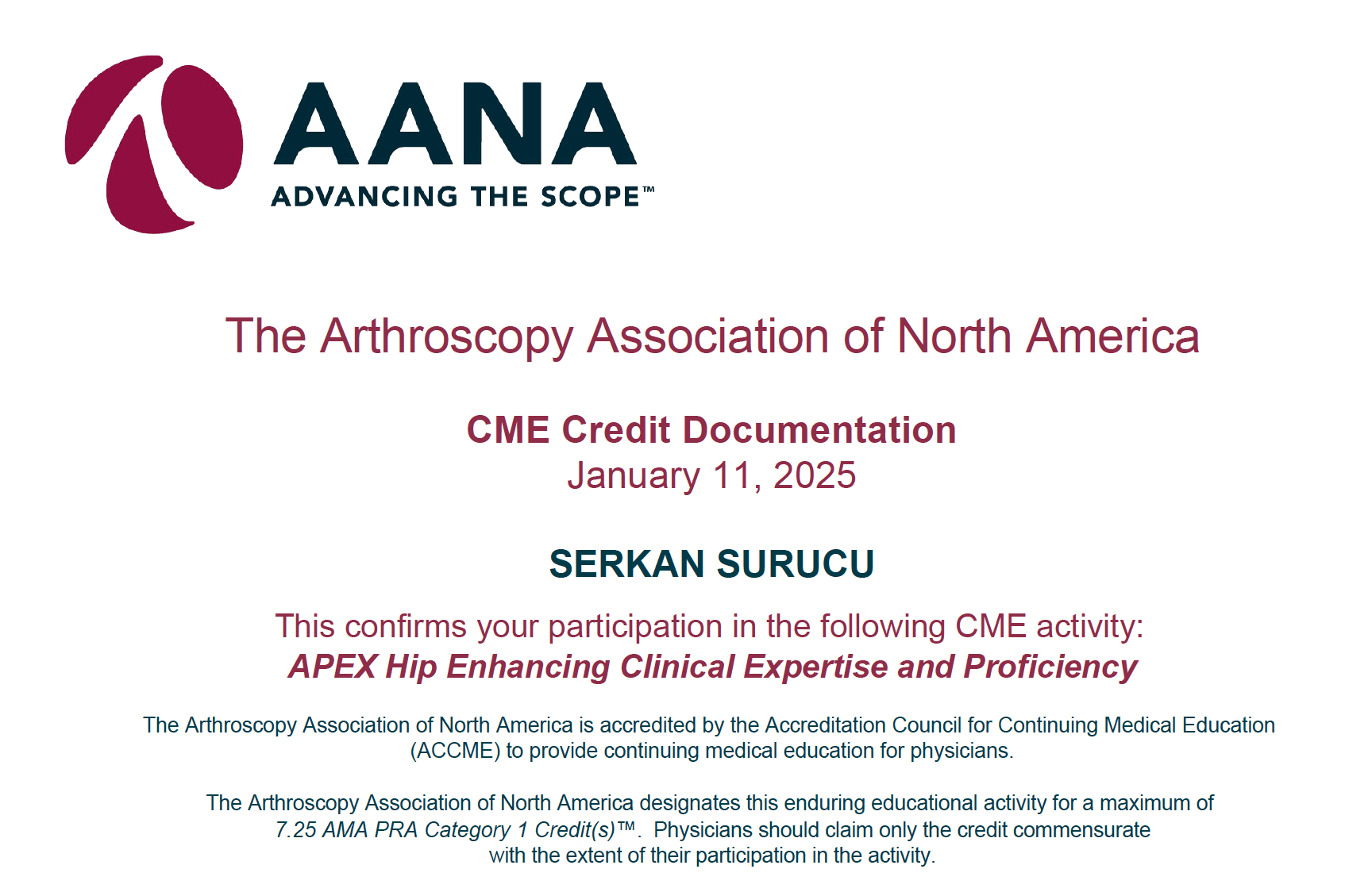 AANA APEX Hip Enhancing Clinical Expertise and Proficiency — Sertifikalar