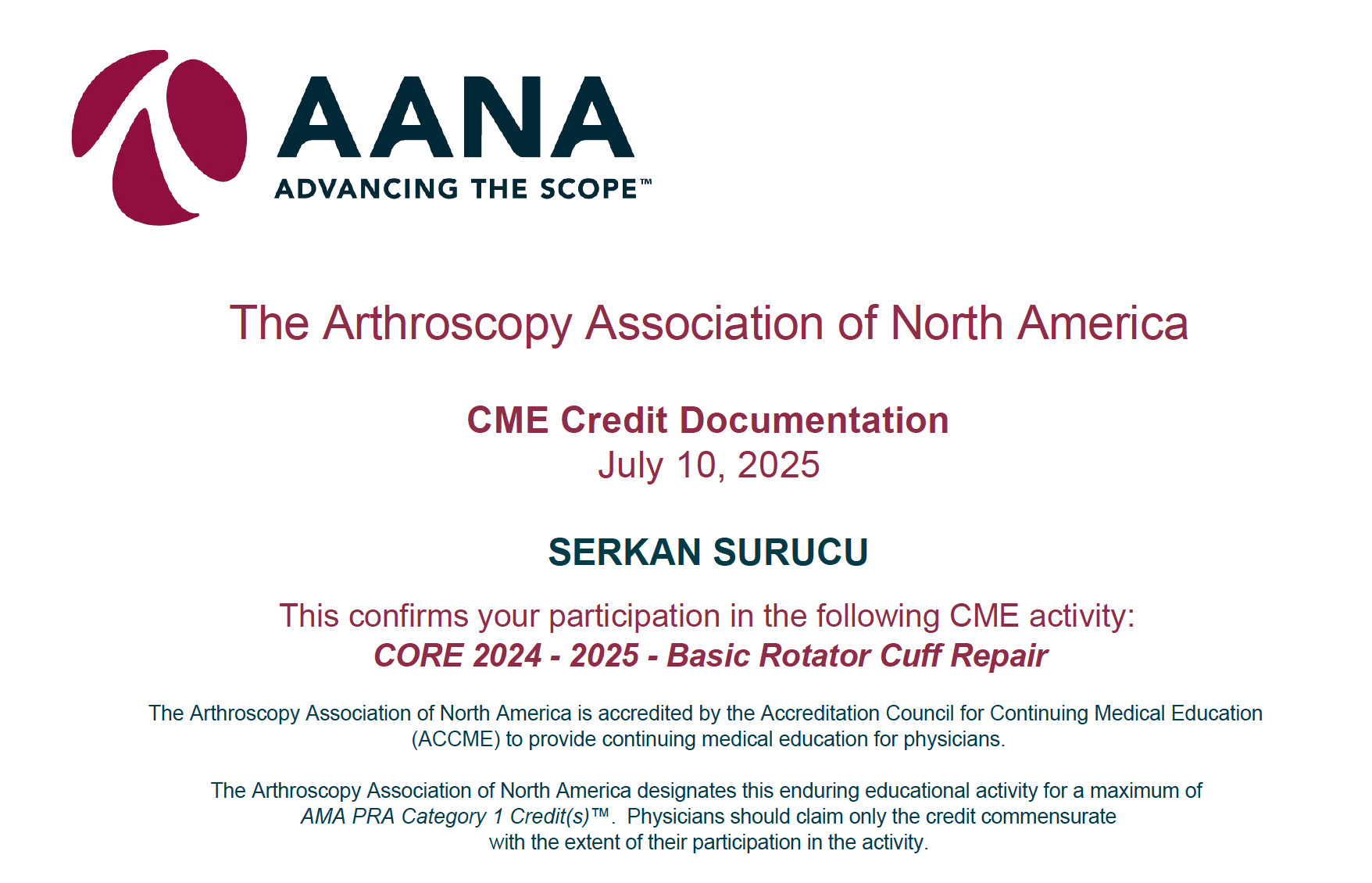 AANA Basic Rotator Cuff Repair — Sertifikalar