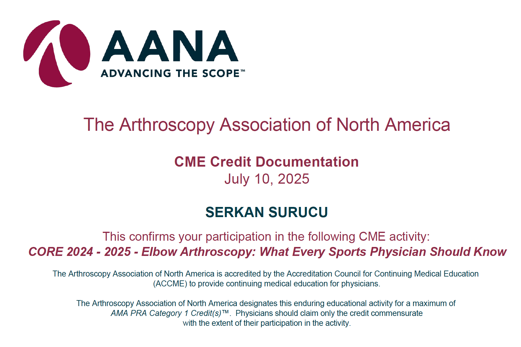 AANA Elbow Arthroscopy — Sertifikalar