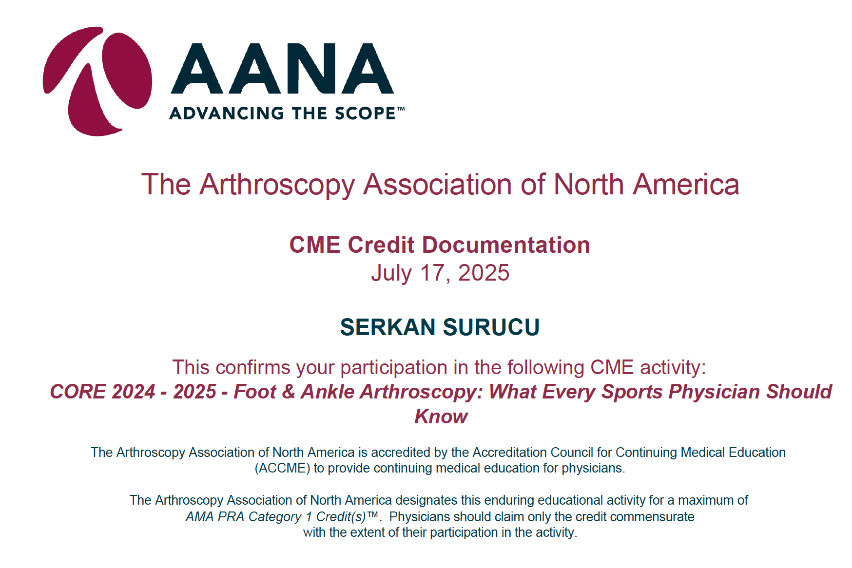 AANA Foot Ankle Arthroscopy — Sertifikalar