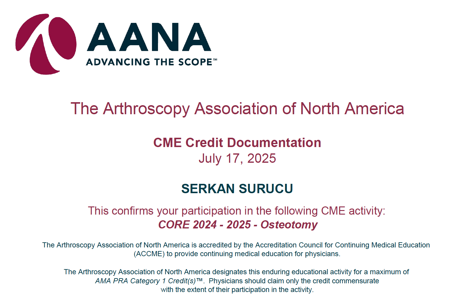 AANA High Tibial Osteotomy — Sertifikalar