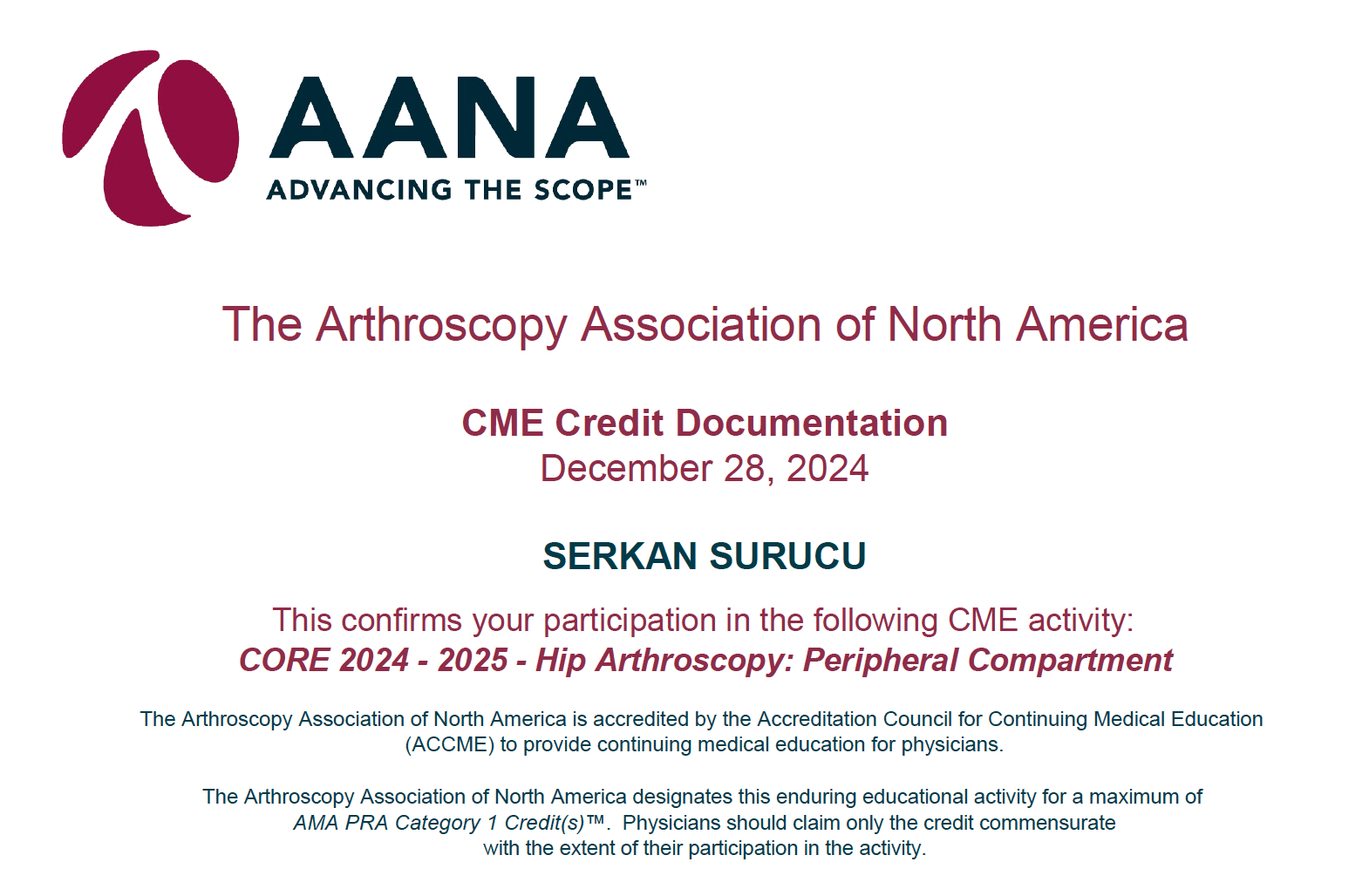 AANA Hip Arthroscopy Peripheral Compartment — Sertifikalar