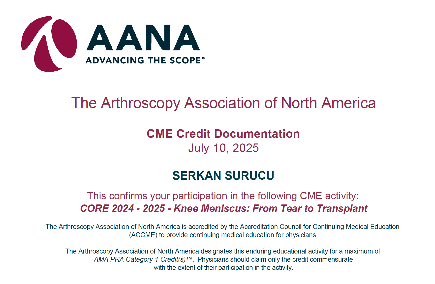 AANA Meniscus From Tear to Transplant — Sertifikalar