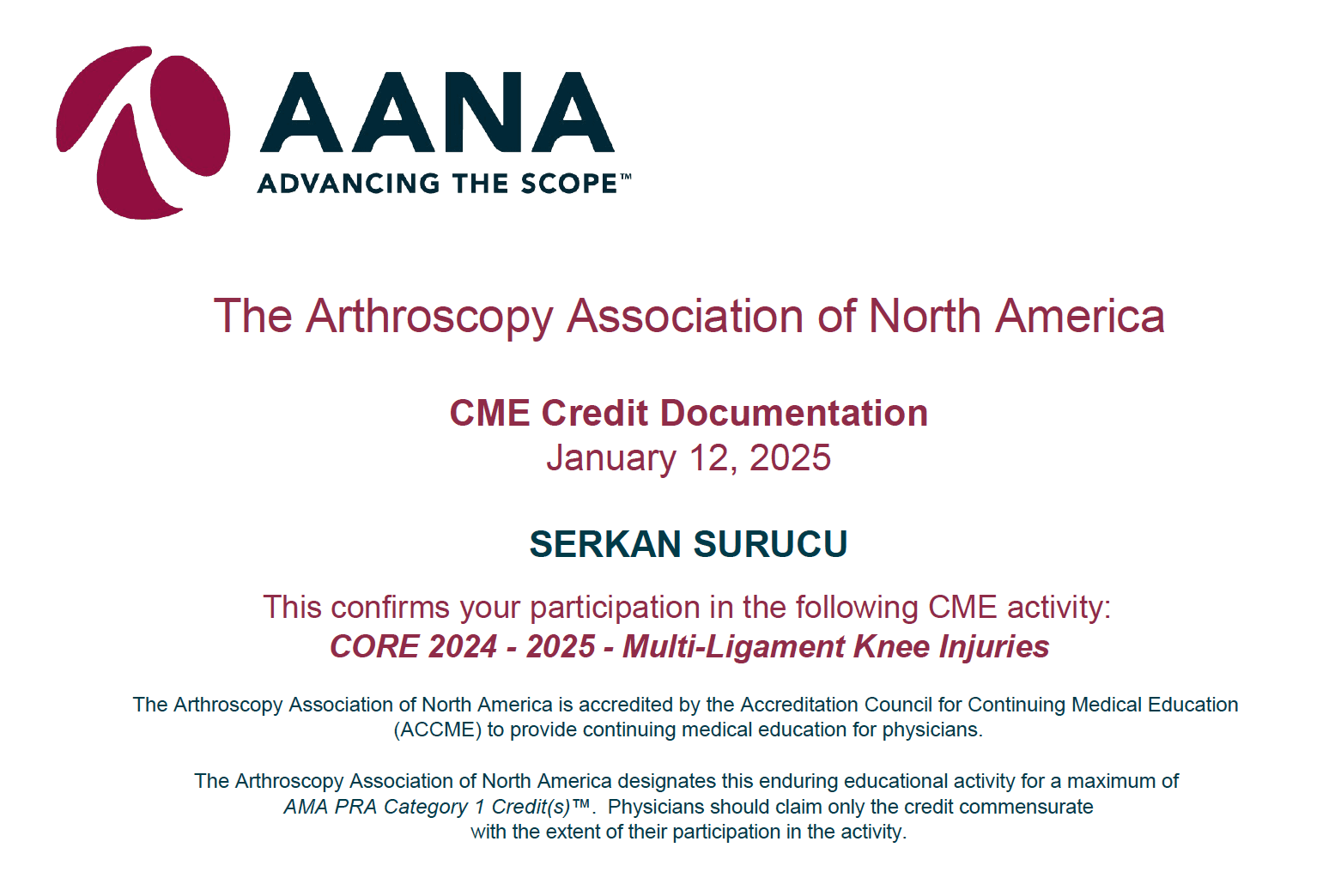 AANA Multi Ligament Knee Injuries — Sertifikalar
