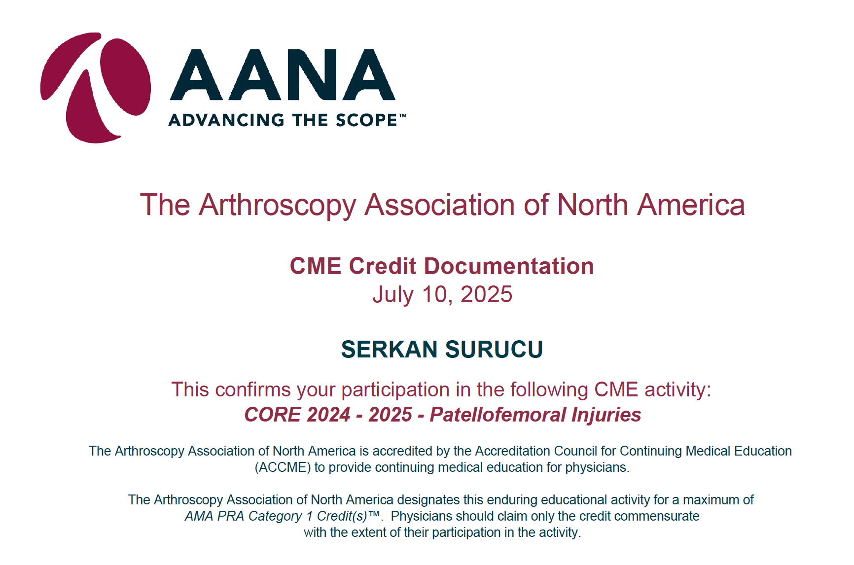 AANA Patellofemoral Injuries — Sertifikalar