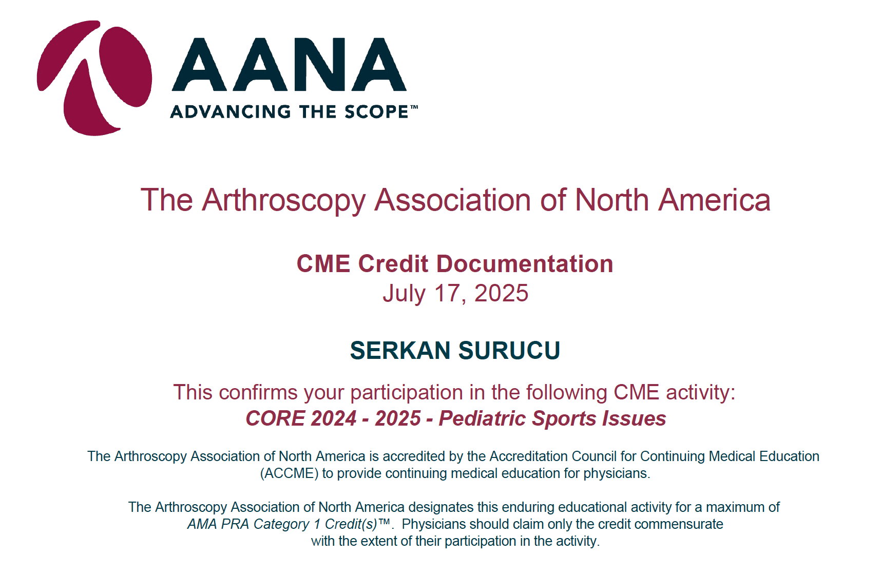 AANA Pediatric Sports Issues — Sertifikalar