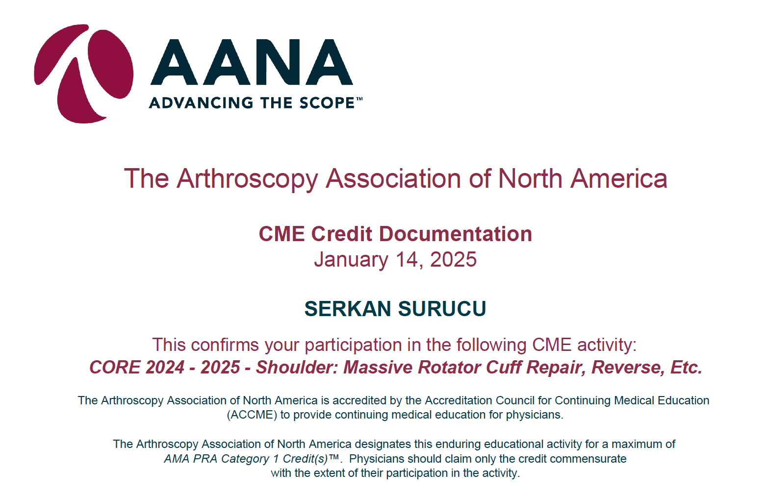 AANA Shoulder Massive Rotator Cuff Repair Reverse — Sertifikalar