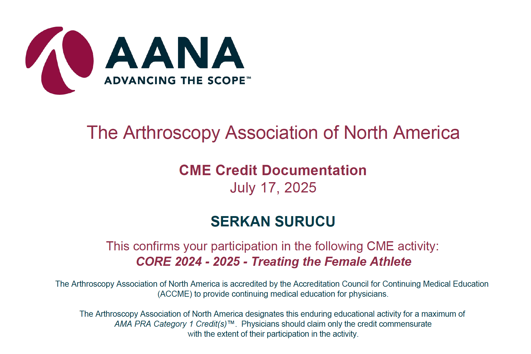 AANA Treating the Female Athlete — Sertifikalar