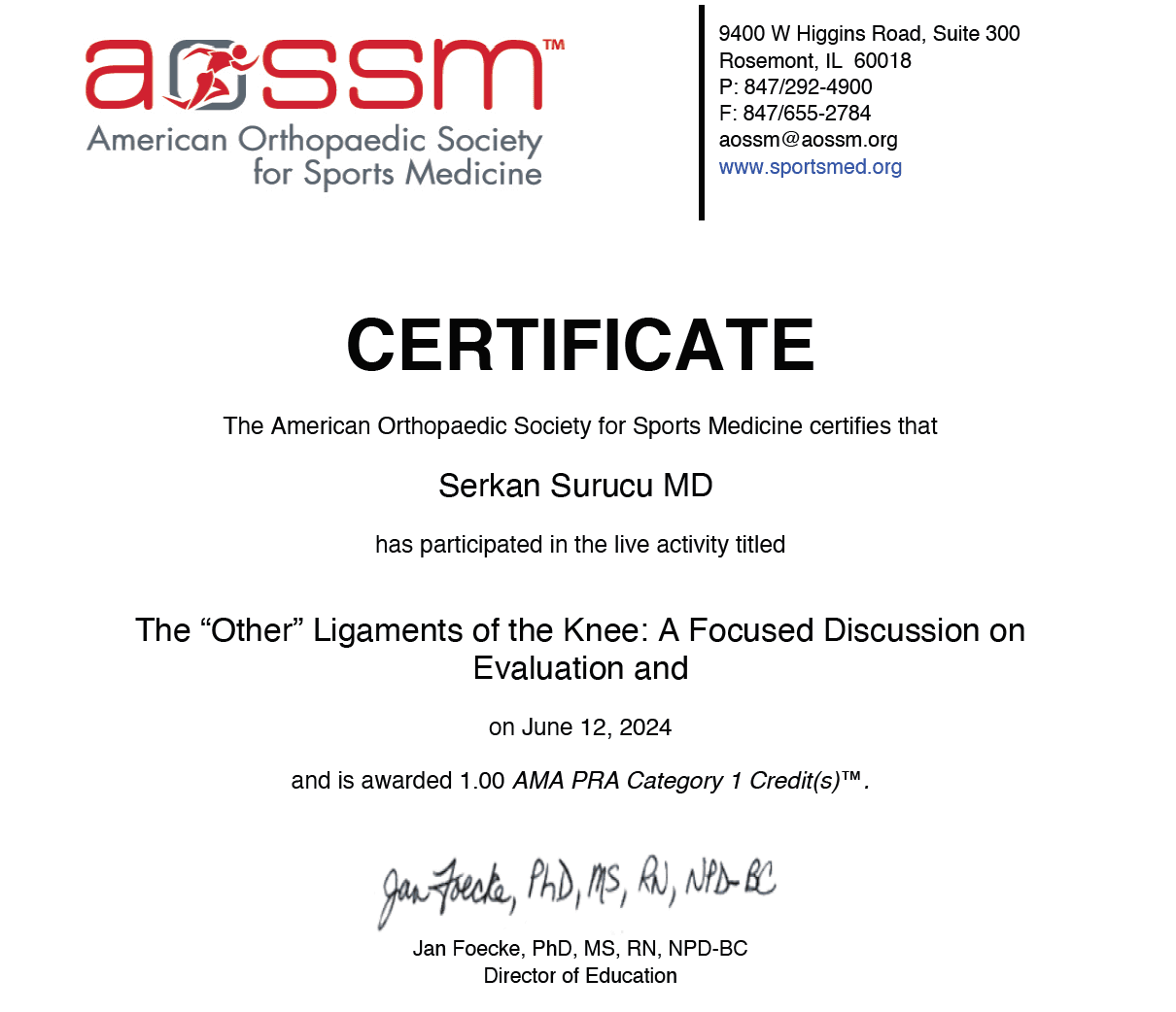 AOSSM Certificate The Other Ligaments of the Knee — Sertifikalar