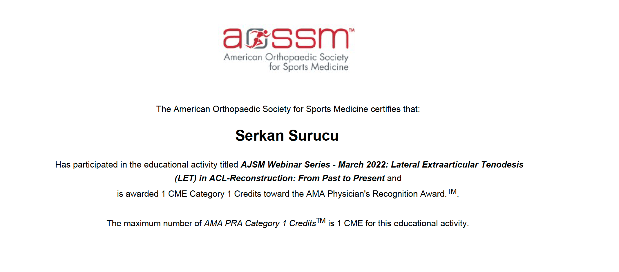 AOSSM LET — Sertifikalar