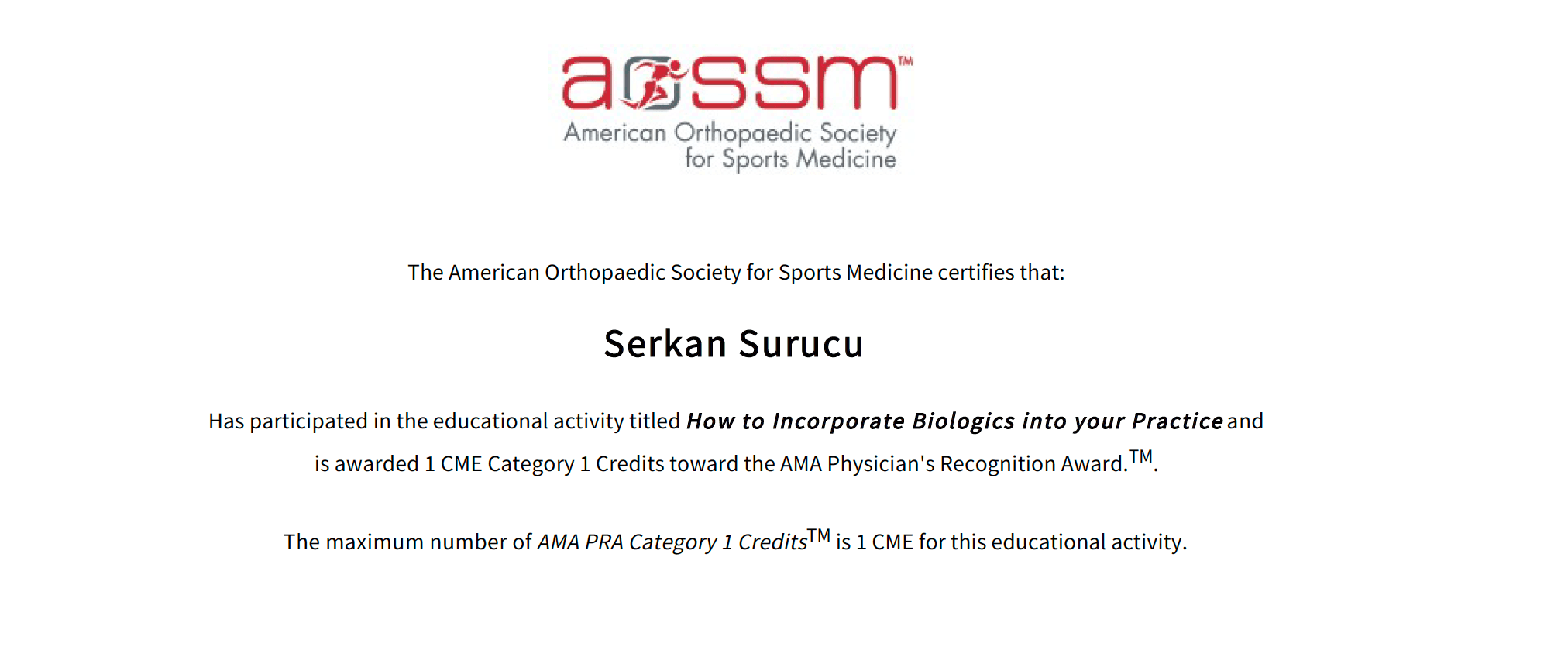 AOSSM Ortho Biologics — Sertifikalar