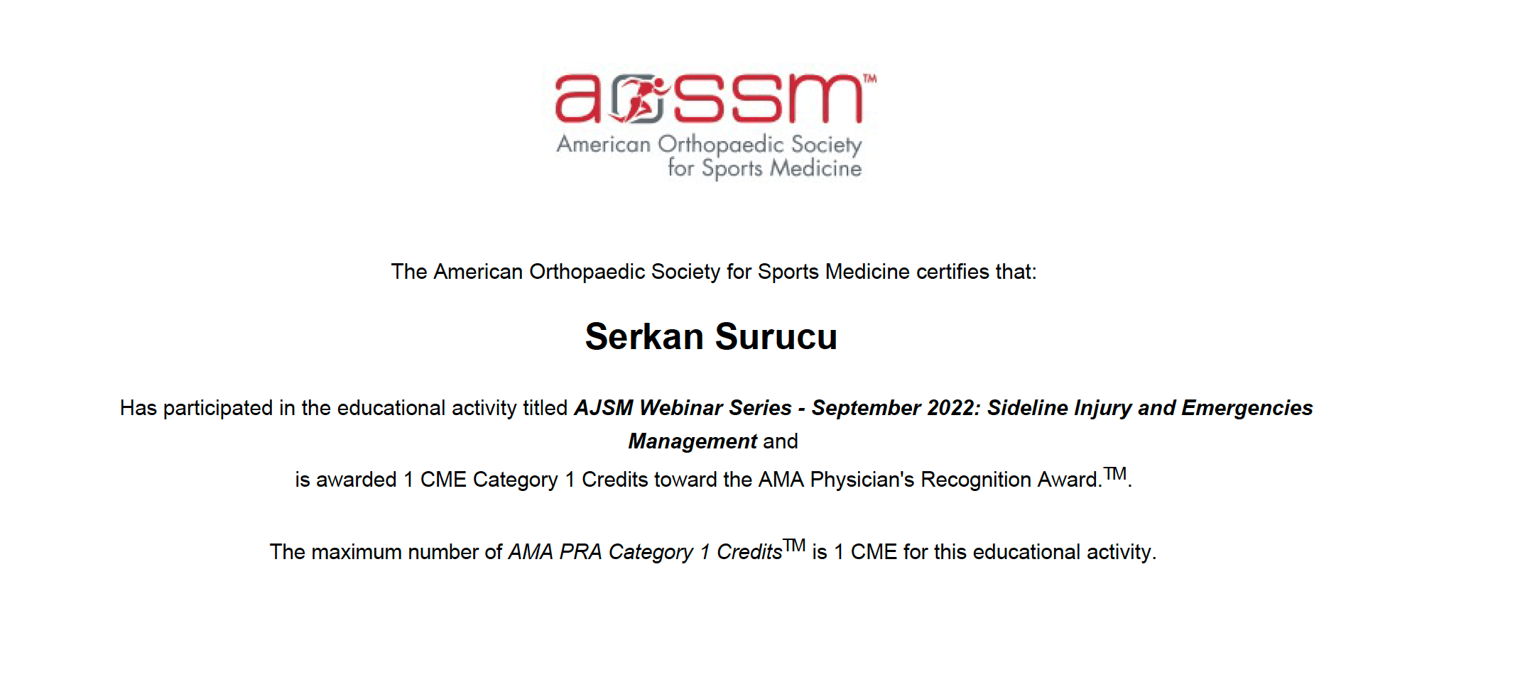 AOSSM Sideline Injuries — Sertifikalar