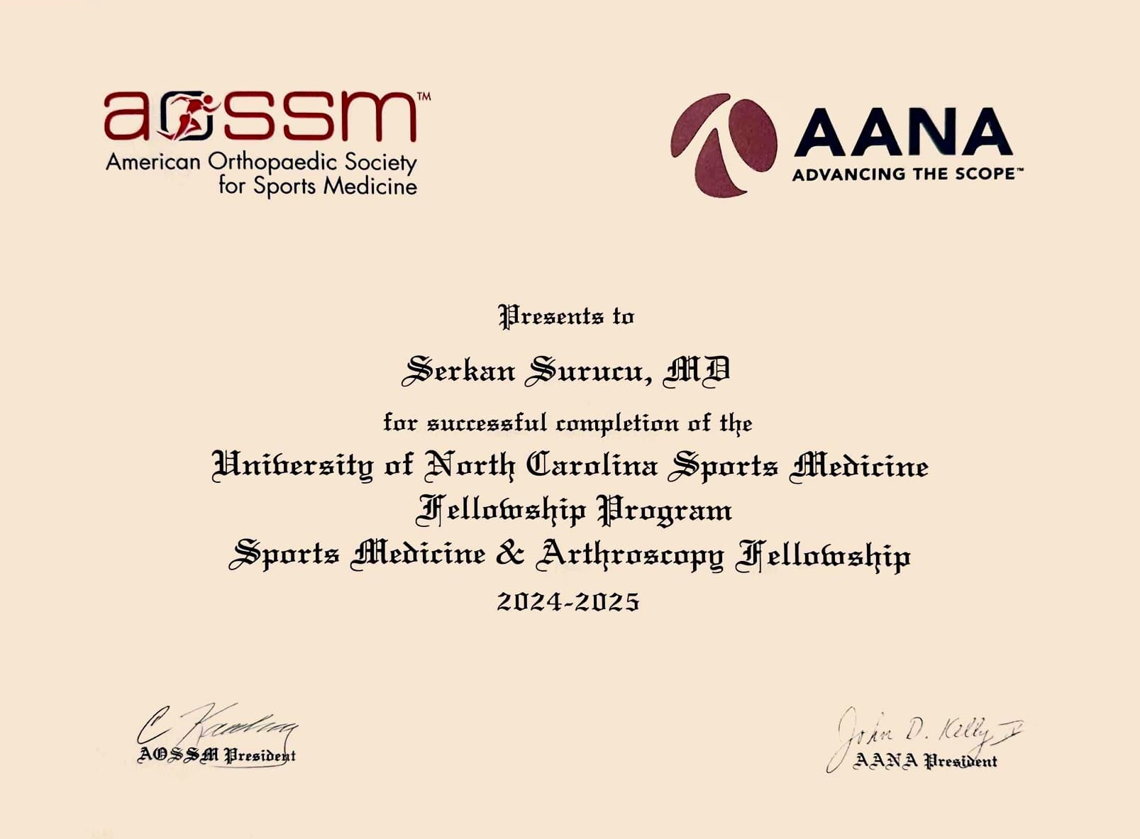 AOSSM UNC Certificate — Sertifikalar